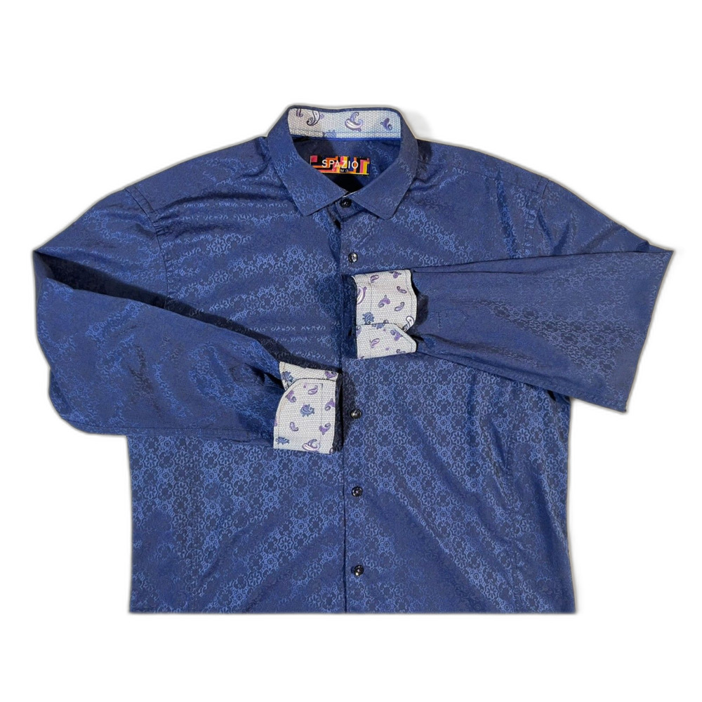 Spazio Flip Cuff Navy Brocade Patterned Button Down Shirt Large Paisley EUC